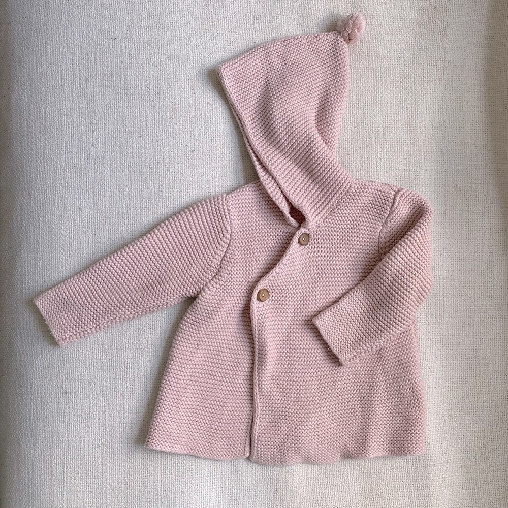 Zara pompom pink knit cotton cardigan, sz 3-6 months